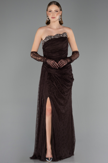 Robe de Soirée Longue Dantelle Brun ABU6562