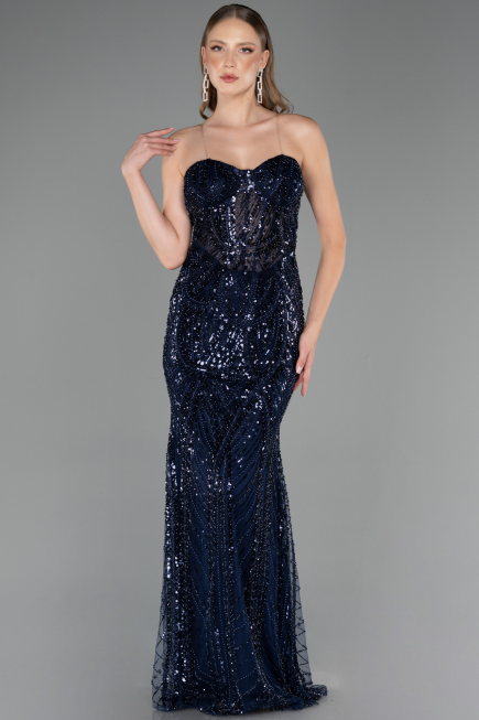 Robe de Soirée Longue Perlé Bleu Marine ABU6564