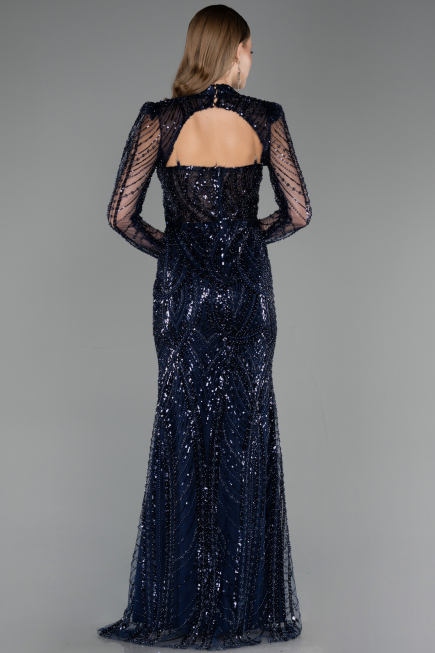 Robe de Soirée Longue Perlé Bleu Marine ABU6564