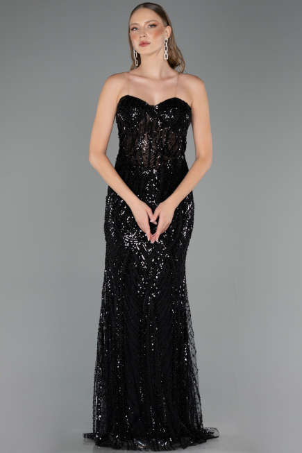 Robe de Soirée Longue Perlé Noir ABU6564