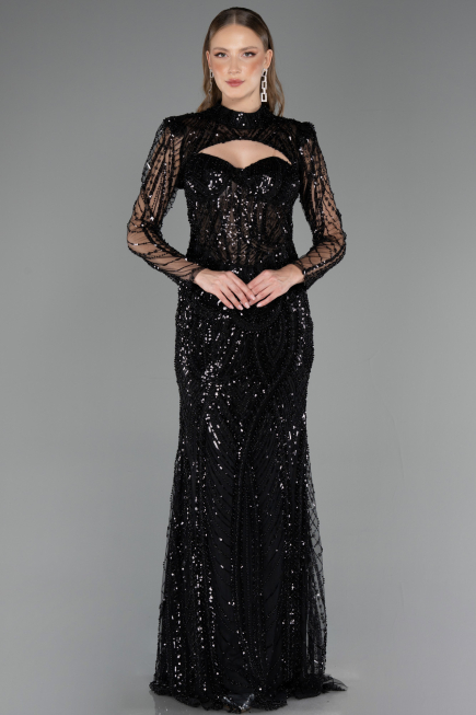 Robe de Soirée Longue Perlé Noir ABU6564