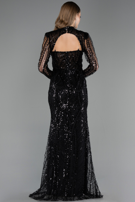 Robe de Soirée Longue Perlé Noir ABU6564