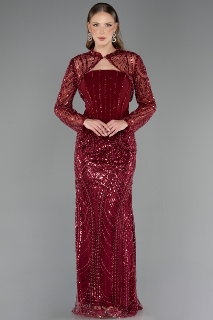 Robe de Soirée Longue Perlé Rouge Bordeaux ABU6567