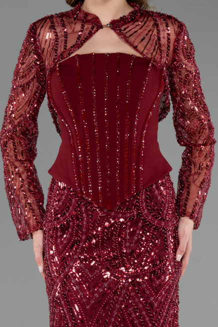 Robe de Soirée Longue Perlé Rouge Bordeaux ABU6567