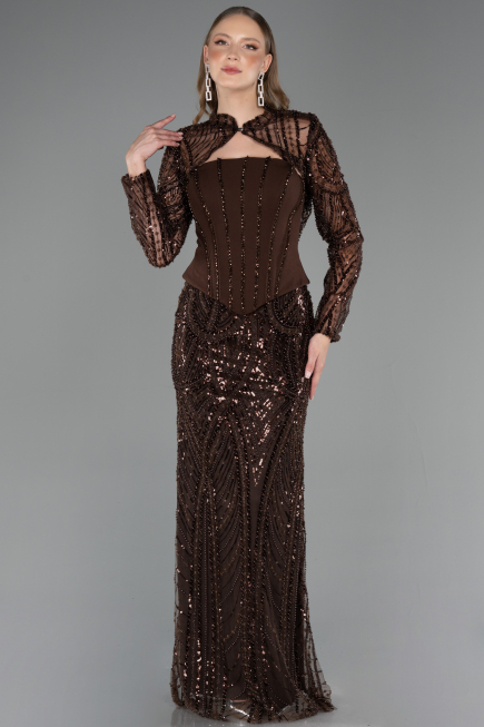 Robe de Soirée Longue Perlé Brun foncé ABU6567