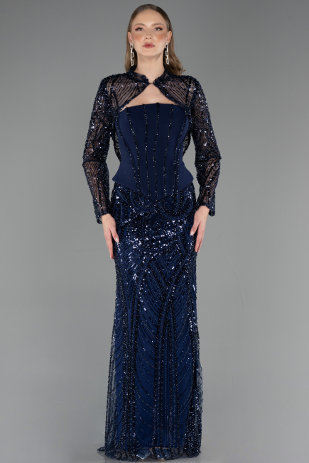 Robe de Soirée Longue Perlé Bleu Marine ABU6567
