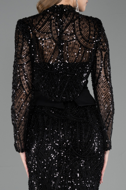Robe de Soirée Longue Perlé Noir ABU6567
