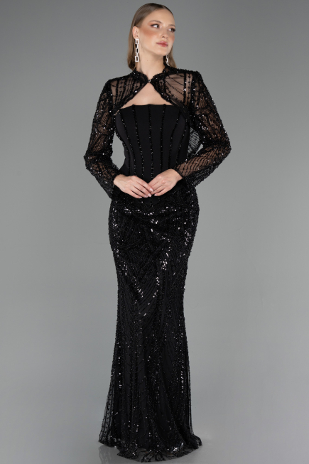 Robe de Soirée Longue Perlé Noir ABU6567