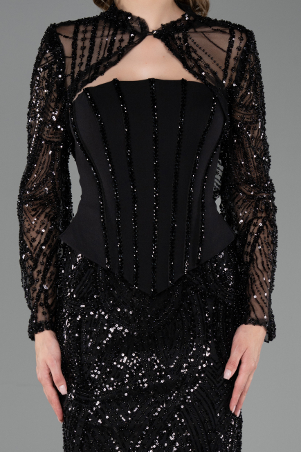 Robe de Soirée Longue Perlé Noir ABU6567