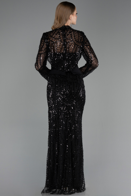 Robe de Soirée Longue Perlé Noir ABU6567
