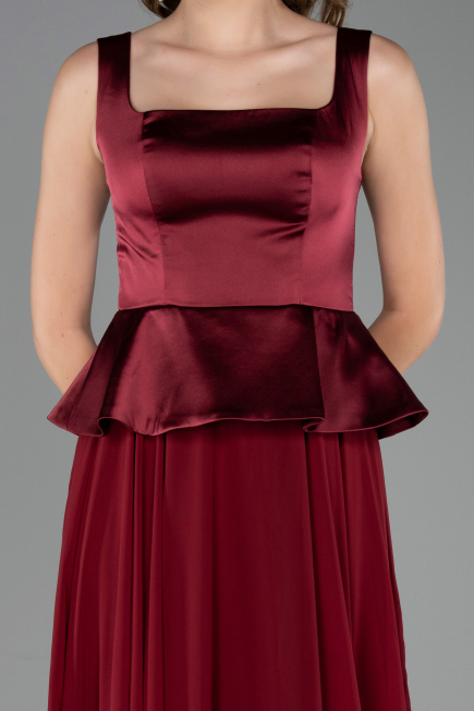 Robe de Soirée Longue Mousseline Rouge Bordeaux ABU6568