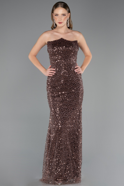 Robe de Soirée Longue Perlé Brun clair ABU6569