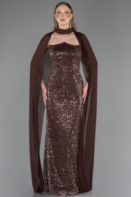 Robe de Soirée Longue Perlé Brun clair ABU6569