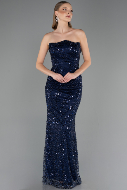 Robe de Soirée Longue Perlé Bleu Marine ABU6569