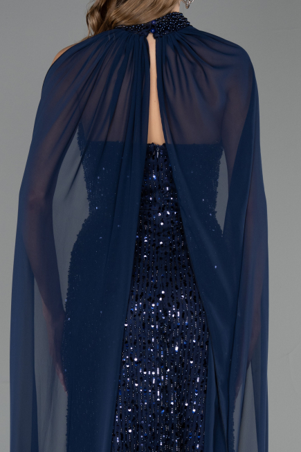Robe de Soirée Longue Perlé Bleu Marine ABU6569