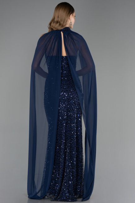 Robe de Soirée Longue Perlé Bleu Marine ABU6569
