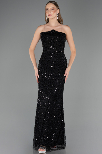 Robe de Soirée Longue Perlé Noir ABU6569