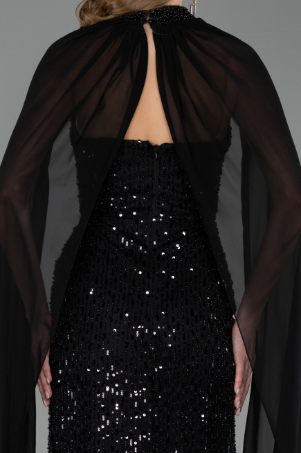 Robe de Soirée Longue Perlé Noir ABU6569