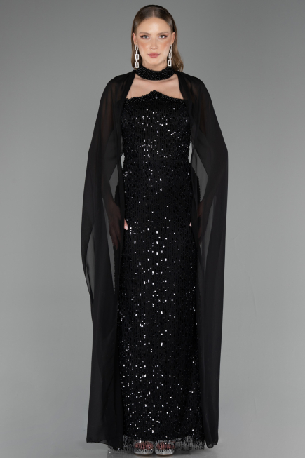 Robe de Soirée Longue Perlé Noir ABU6569
