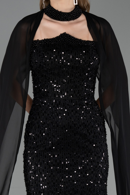 Robe de Soirée Longue Perlé Noir ABU6569