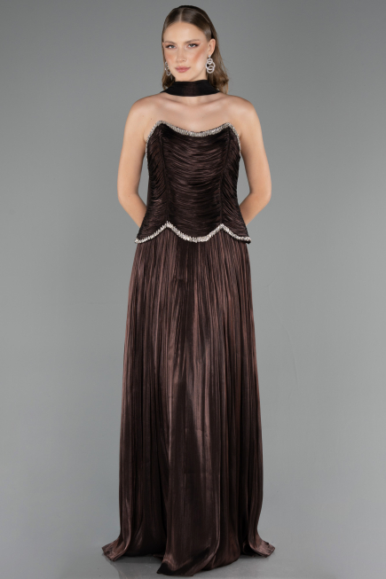 Robe de Soirée Longue Mousseline Brun ABU6570