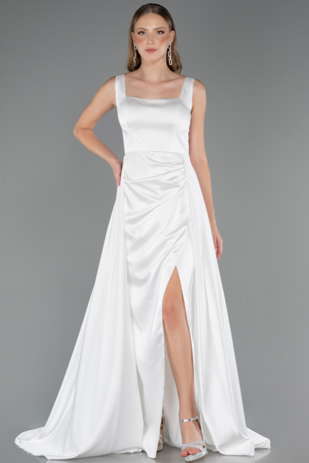 Robe Grande Taille Longue Satin Blanc ABU6576