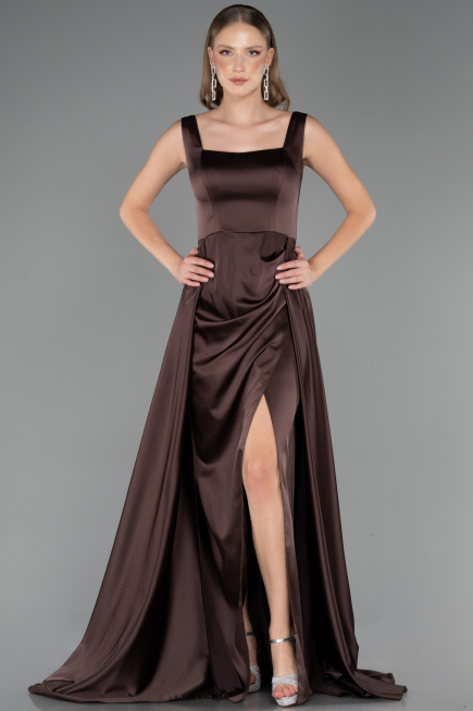 Robe Grande Taille Longue Satin Brun ABU6576