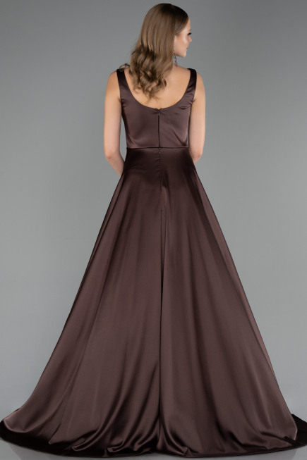 Robe Grande Taille Longue Satin Brun ABU6576