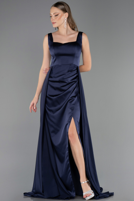 Robe Grande Taille Longue Satin Bleu Marine ABU6576