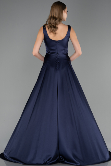 Robe Grande Taille Longue Satin Bleu Marine ABU6576