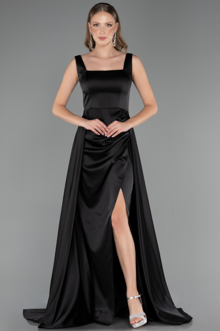 Robe de Soirée Longue Satin Noir ABU6572