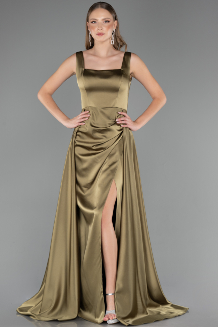 Robe Grande Taille Longue Satin Vert Huile ABU6576