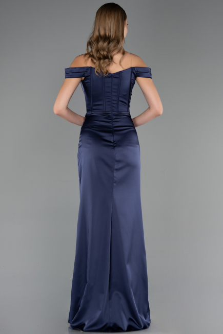 Robe De Soirée Grande Taille Longue Satin Bleu Marine ABU6577
