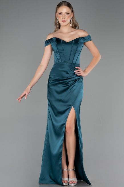 Robe Queue de Poisson Longue Satin Vert Pétrole ABU6574