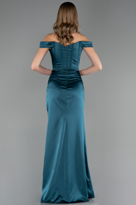 Robe Queue de Poisson Longue Satin Vert Pétrole ABU6574