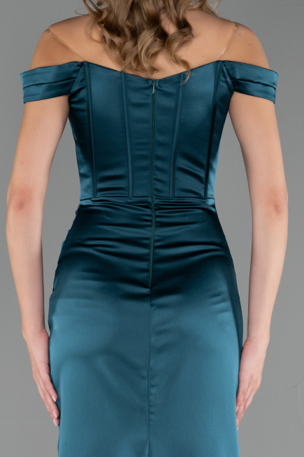 Robe Queue de Poisson Longue Satin Vert Pétrole ABU6574