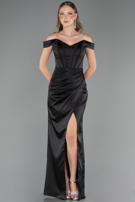 Robe De Soirée Grande Taille Longue Satin Noir ABU6577