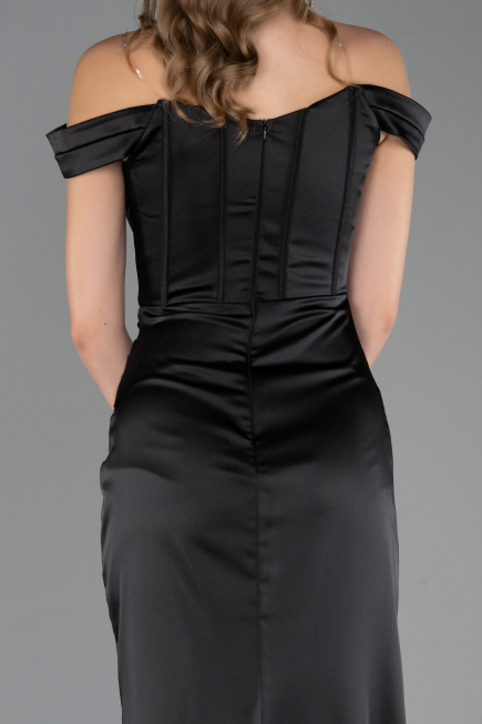 Robe De Soirée Grande Taille Longue Satin Noir ABU6577