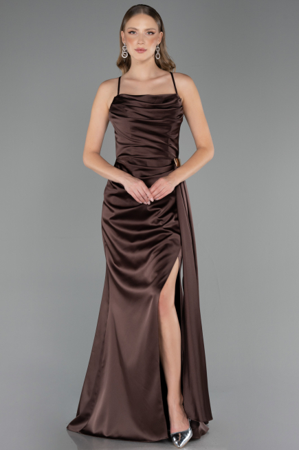 Robe de Soirée Longue Satin Brun ABU6584