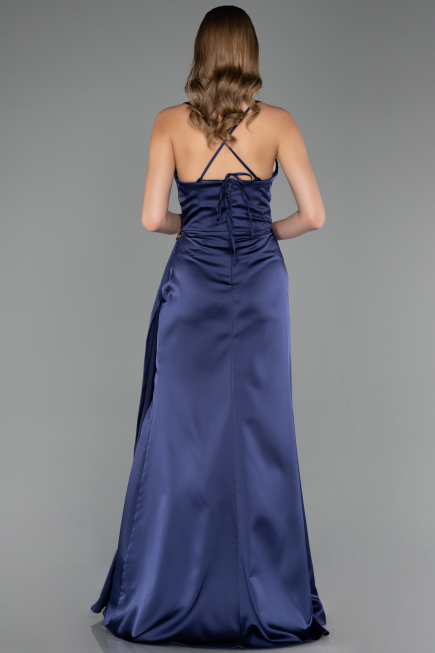 Robe de Soirée Longue Satin Bleu Marine ABU6584