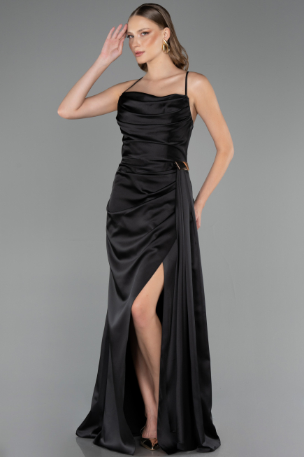 Robe de Soirée Longue Satin Noir ABU6584