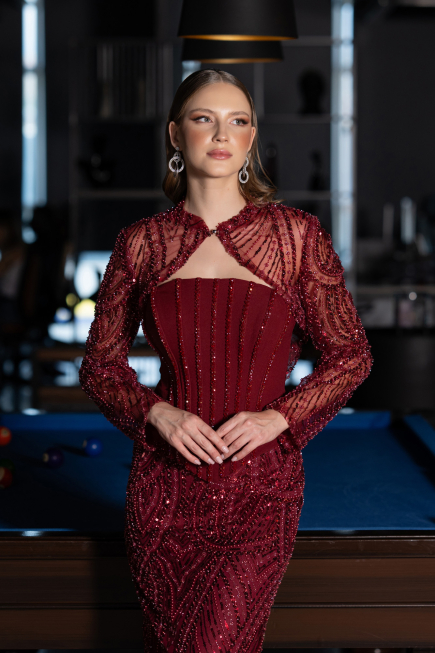 Robe de Soirée Longue Perlé Rouge Bordeaux ABU6567