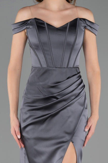 Robe Queue de Poisson Longue Satin Anthracite ABU6574