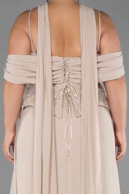Robe de Soirée Grande Taille Longue Mousseline Beige ABU6274