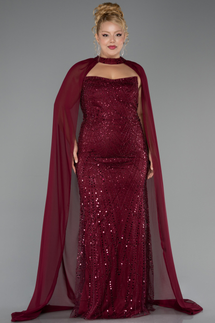 Robe de Soirée Grande Taille Longue Perlé Rouge Bordeaux ABU6545