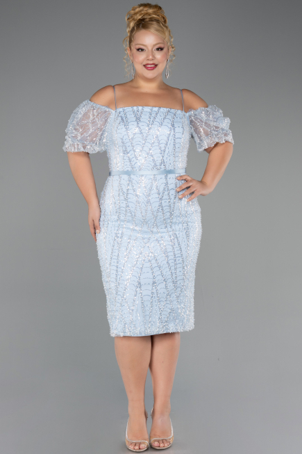 Robe De Invitation Grande Taille Midi Perlé Bleu clair ABK2689