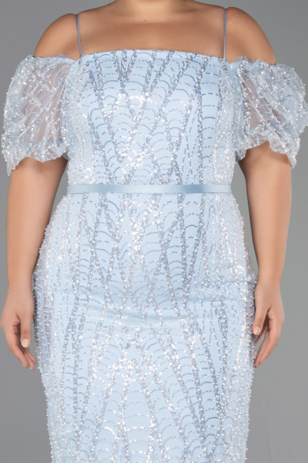 Robe De Invitation Grande Taille Midi Perlé Bleu clair ABK2689