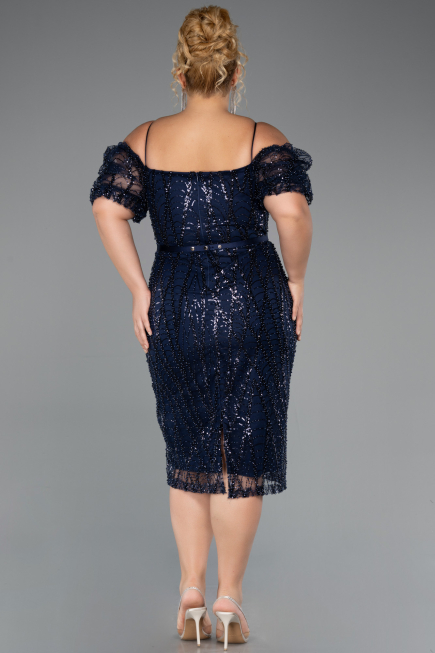 Robe De Invitation Grande Taille Midi Perlé Bleu Marine ABK2689