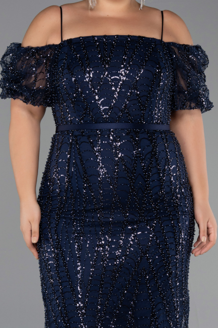Robe De Invitation Grande Taille Midi Perlé Bleu Marine ABK2689