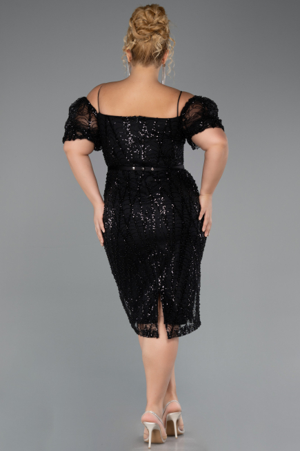 Robe De Invitation Grande Taille Midi Perlé Noir ABK2689